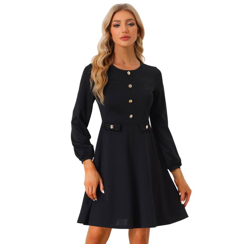 アレグラ ケー レディース トップス 衣装 対照 ALLEGRA K Work Office Dress For Women\u0027s Contrast Button Decor Long Sleeve Dresses Black 黒いこと