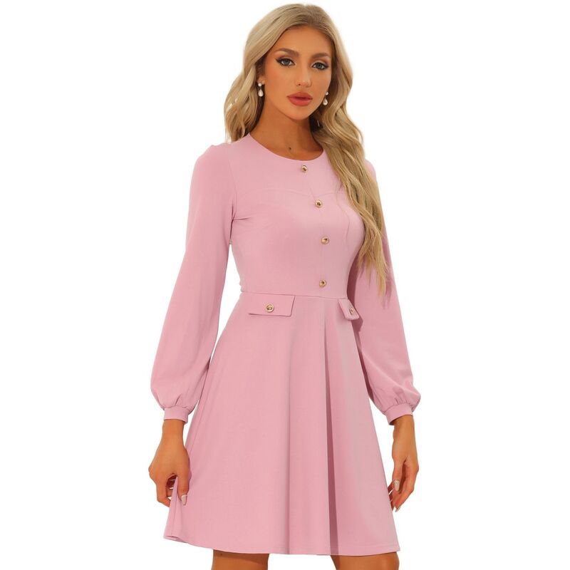 アレグラ ケー レディース トップス 衣装 対照 ALLEGRA K Work Office Dress For Women\u0027s Contrast Button Decor Long Sleeve Dresses Pink サクラ色