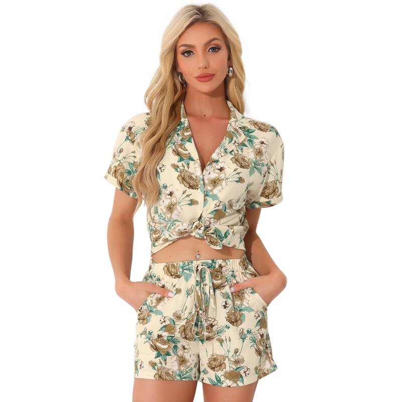 アレグラ ケー レディース アウター ジャケット・ブルゾン ボタンダウン シャツ ショートパンツ ダウン ALLEGRA K Women Hawaiian Shirt and Shortsetropical Summer Button Down Sets Beige ベージュ｜ReVida 店
