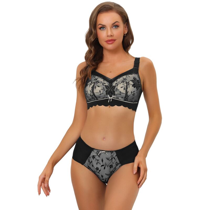 アレグラ ケー レディース アンダーウェア ブラジャー レース ALLEGRA K Women's Lace Bra Sets Adjustable Wide Straps Wireless Brand Panty Black ブラック