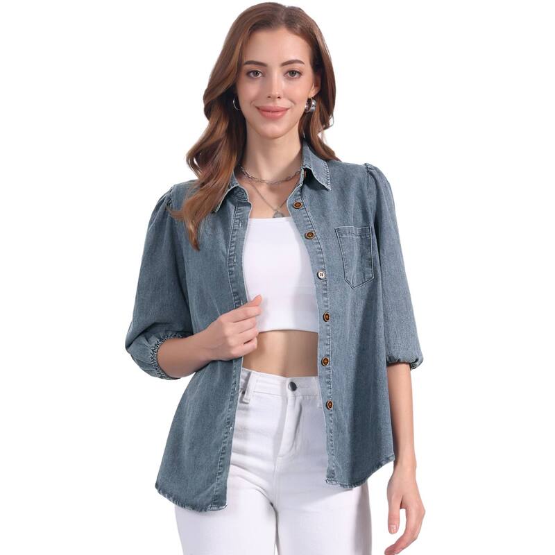 アレグラ ケー レディース トップス シャツ ボタンダウン デニム ALLEGRA K Denim Shirt for Women 3/4 Puffy Sleeve Collar Button Down Jean Shirts Gray Blue グレー