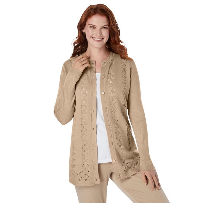 ウーマン ウィズイン レディース アウター ニット・セーター プラスサイズ カーディガン 長袖 Woman Within Plusize Long-Sleeve Pointelle Cardigan Sweater New Khaki カーキ