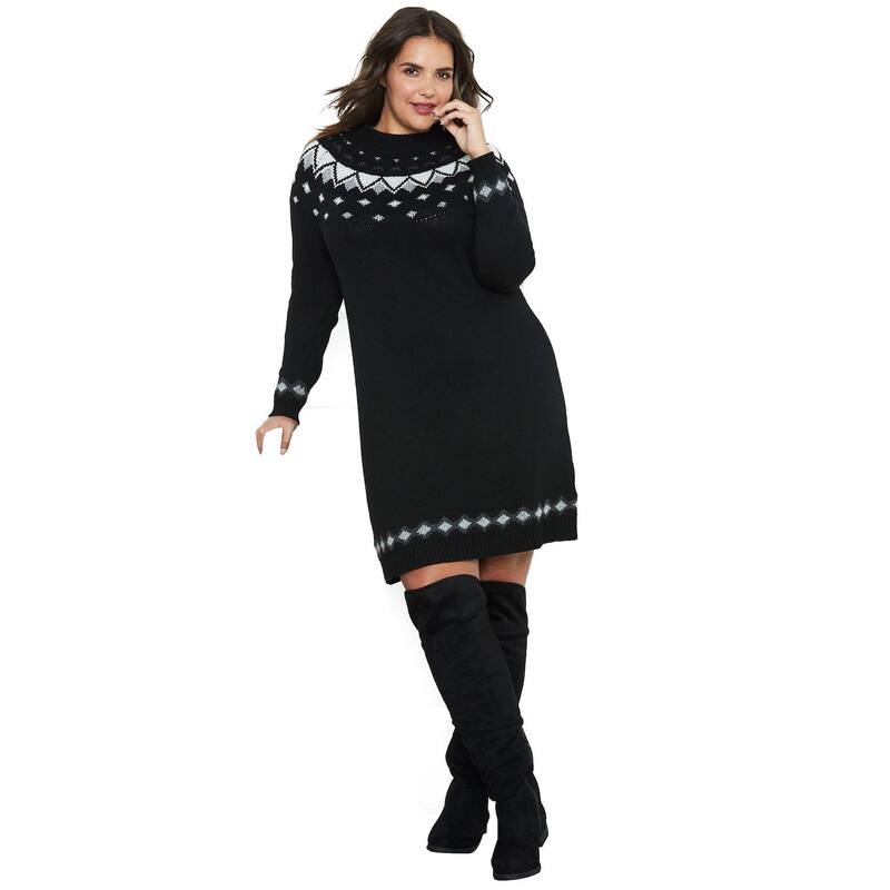 Ellos レディース トップス ワンピース プラスサイズ セーター ellos Plusize Fair Isle Sweater Dress Black ブラック