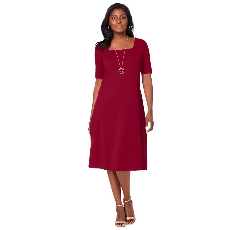 ジェシカロンドン レディース トップス ワンピース プラスサイズ ミディ コットン Jessica London Women\'s Plusize Stretch Cotton Square Neck Midi Dress Rich Burgundy バーガンディ｜ReVida 店