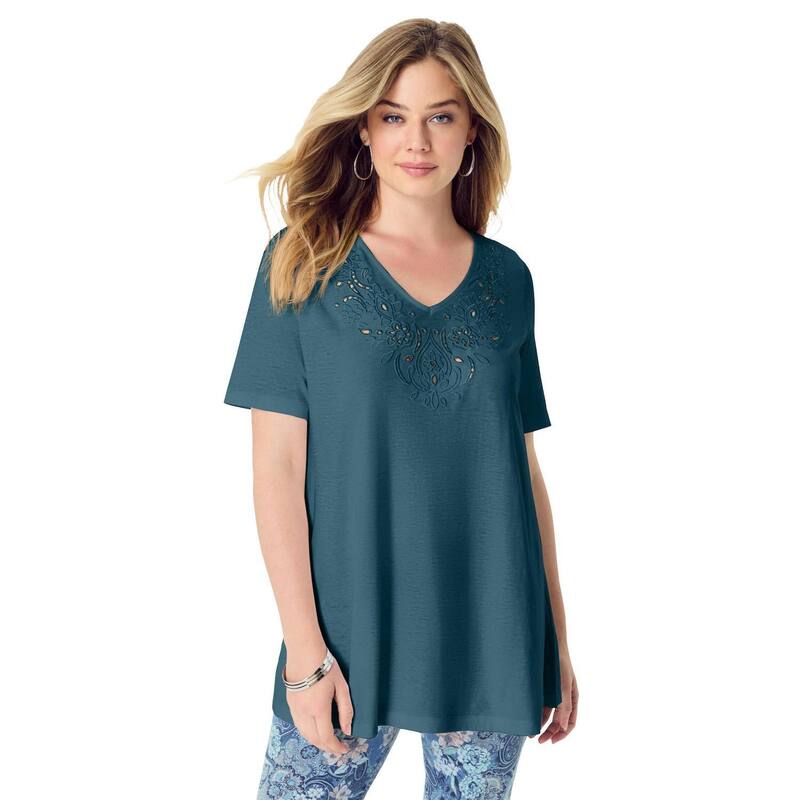 ロアマンズ レディース トップス シャツ プラスサイズ Roaman's Women's Plusizeyelet Swing Tee Mystic Pine
