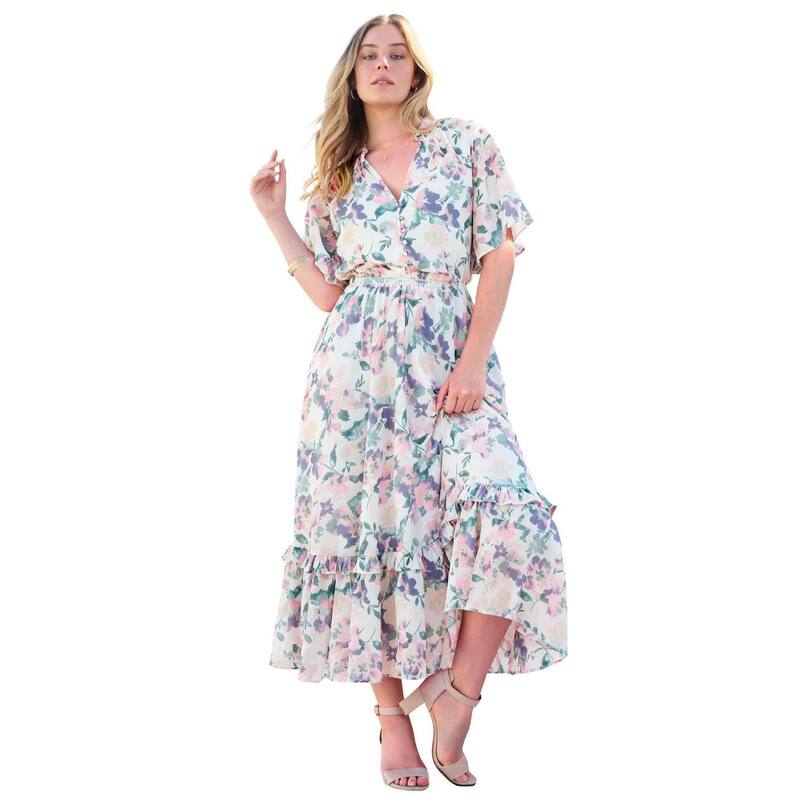ロアマンズ レディース トップス ワンピース ティアード プラスサイズ フリル Roaman's Women's Plusize Tiered Ruffle Dress Ivory Multi Watercolor アイボリー