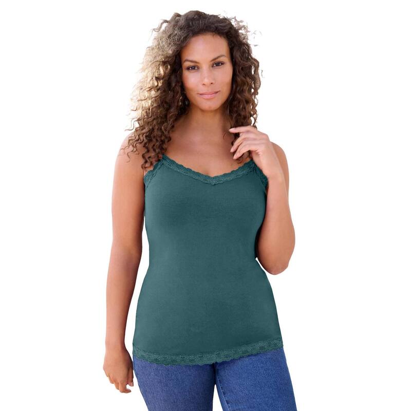 ロアマンズ レディース トップス Tシャツ レーストリム プラスサイズ レース ニット Roaman's Women's Plusize Lace Trim Knit Cami With Adjustable Straps Mystic Pine｜ReVida 店