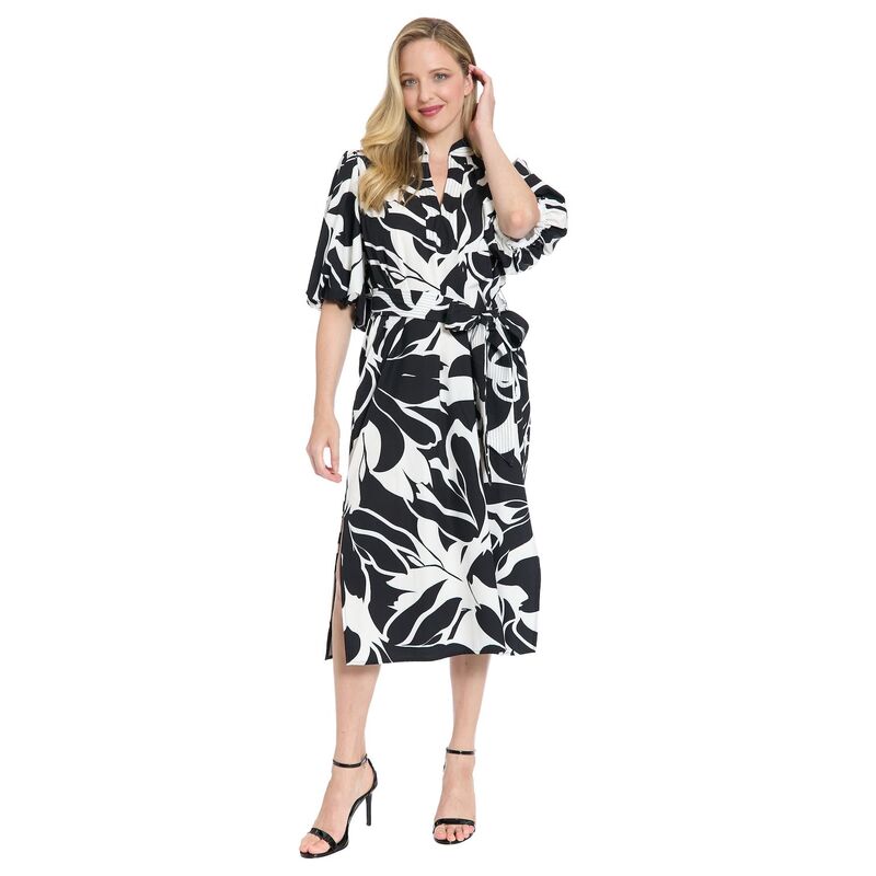 英国の首都タイムス レディース トップス 衣装 midi Women\u0027s London Times Mandarin Collar Split Neck Bubble Sleeve Midi Dress White Black 白いこと