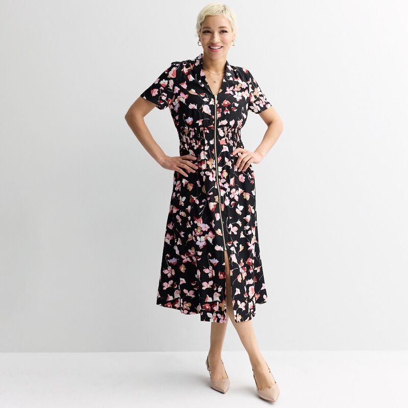 ナインウェスト レディース トップス ワンピース プチ ミディ Petite Nine West Zip Front Midi Dress Black Darya Floral ブラック|ReVida 店