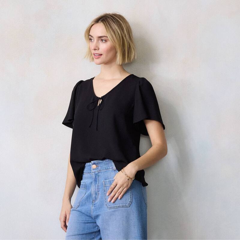 LC Lauren Conrad レディース トップス プルオーバー Women\u0027s LC Lauren Conrad Tie-Front Keyhole Flutter Sleeve Woven Top Black 黒いこと