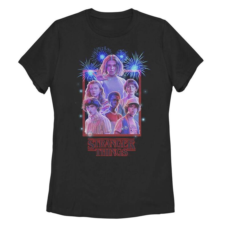 アニメキャラクター レディース トップス Tシャツ Licensed Character Juniors' Stranger Things Group Shot & Fireworks Poster Tee Black ブラック