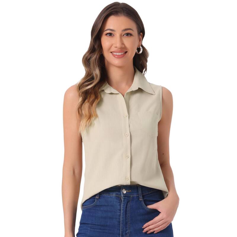 アレグラ ケー レディース トップス シャツ Vネック ボタンダウン ノースリーブ ダウン デニム ALLEGRA K Denim Button Down Shirt For Women'sleeveless Lapel V Neck Chambray Tunic Top Light Khaki カーキ｜ReVida 店