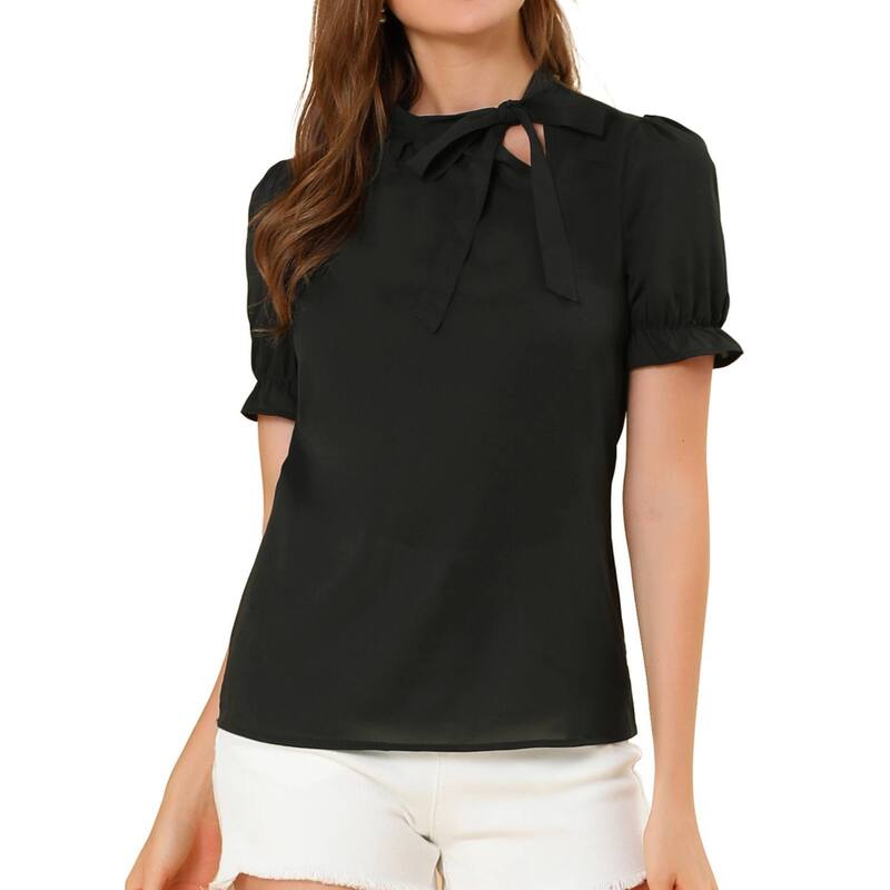 アレグラ ケー レディース トップス シャツ ブラウス ALLEGRA K Women's Bow Tie Neck Elegant Office Short Sleeve Blouse Black ブラック|ReVida 店