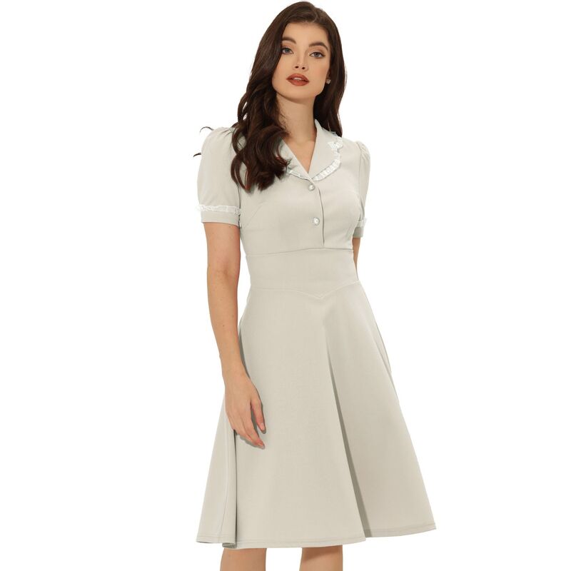 アレグラ ケー レディース トップス ワンピース フリル ALLEGRA K Elegant Dress for Women's Ruffled Peter Pan Collar Dresses Grey グレー