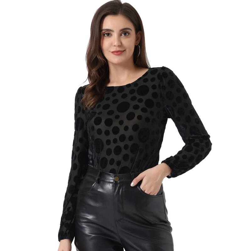 アレグラ ケー レディース トップス シャツ ドット ベルベット ALLEGRA K Women's Polka Dots Burn-out Long Sleevelvetop Black ブラック