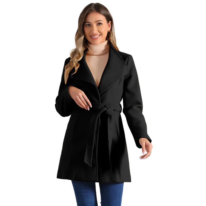 アレグラ ケー レディース アウター 上衣・上衣 厚地の外套 ALLEGRA K Women\u0027stand Collar Tie Waist Winter Classic Long Trenchcoat Black 黒いこと