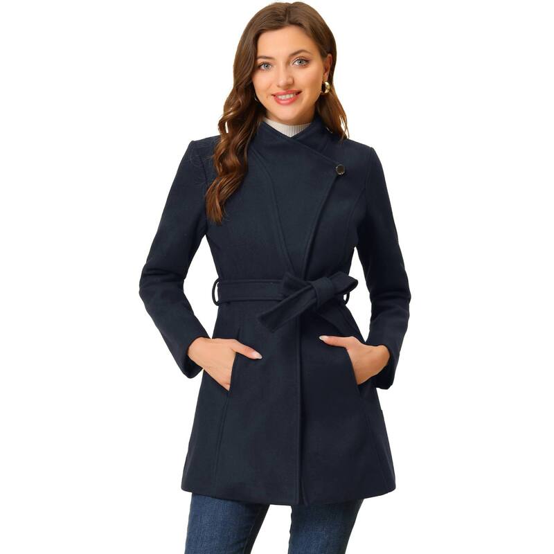 アレグラ ケー レディース アウター 上衣・上衣 厚地の外套 ALLEGRA K Women\u0027stand Collar Tie Waist Winter Classic Long Trenchcoat Dark Blue 青み