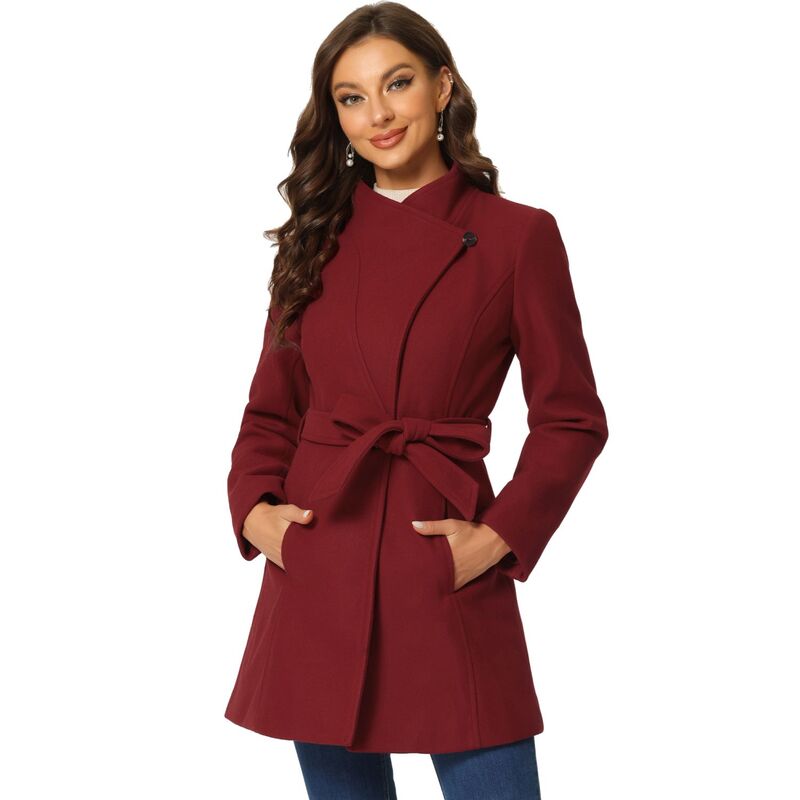 アレグラ ケー レディース アウター 上衣・上衣 厚地の外套 ALLEGRA K Women\u0027stand Collar Tie Waist Winter Classic Long Trenchcoat Dark Red 赤いこと