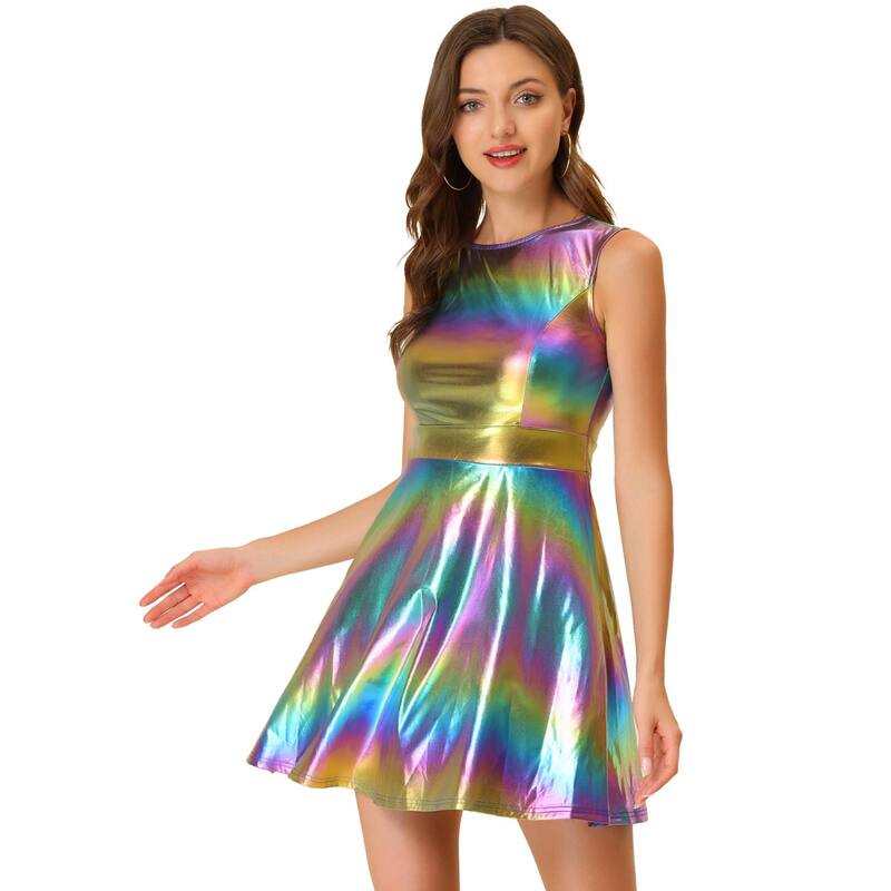 アレグラ ケー レディース トップス ワンピース ハイウエストール ノースリーブ ALLEGRA K Women's Metallic Sleeveless Round Neck High Waist Fit and Flare Dress Blue Purple ブルー