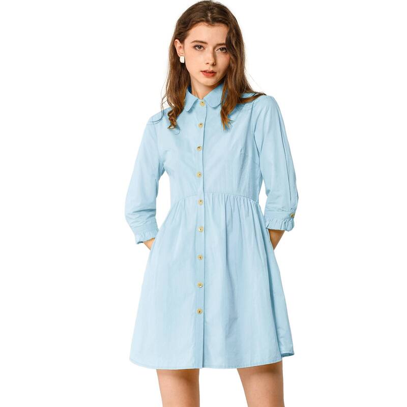 アレグラ ケー レディース トップス ワンピース ミニ シャツ ALLEGRA K Women's Casual 3/4 Sleeve Button Front Flare Mini Shirt Dress Blue ブルー