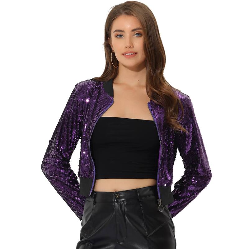 アレグラ ケー レディース アウター ジャケット・ブルゾン スパンコール クロップド ALLEGRA K Women'sequin Sparkle Zipper Cropped Bomber Jacket Purple パープル