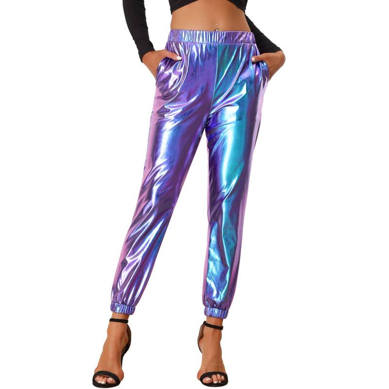 アレグラ ケー レディース ボトムス カジュアルパンツ ハイウエストール ALLEGRA K Women's Party Sparkle Shiny High Waist Metallic Jogger Pants Blue Purple ブルー｜ReVida 店