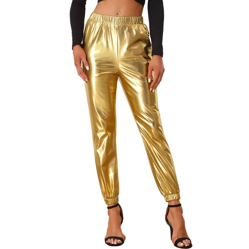 アレグラ ケー レディース ボトムス カジュアルパンツ ハイウエストール ALLEGRA K Women's Party Sparkle Shiny High Waist Metallic Jogger Pants Champagne Gold ゴールド