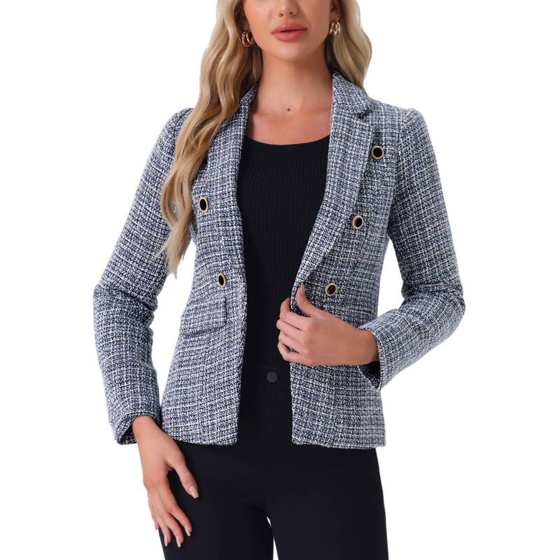 アレグラ ケー レディース アウター ジャケット・ブルゾン ツイード ブレザー ALLEGRA K Women's Notched Lapelong Sleeve Open Front Plaid Tweed Blazer Blue Black ブラック|ReVida 店