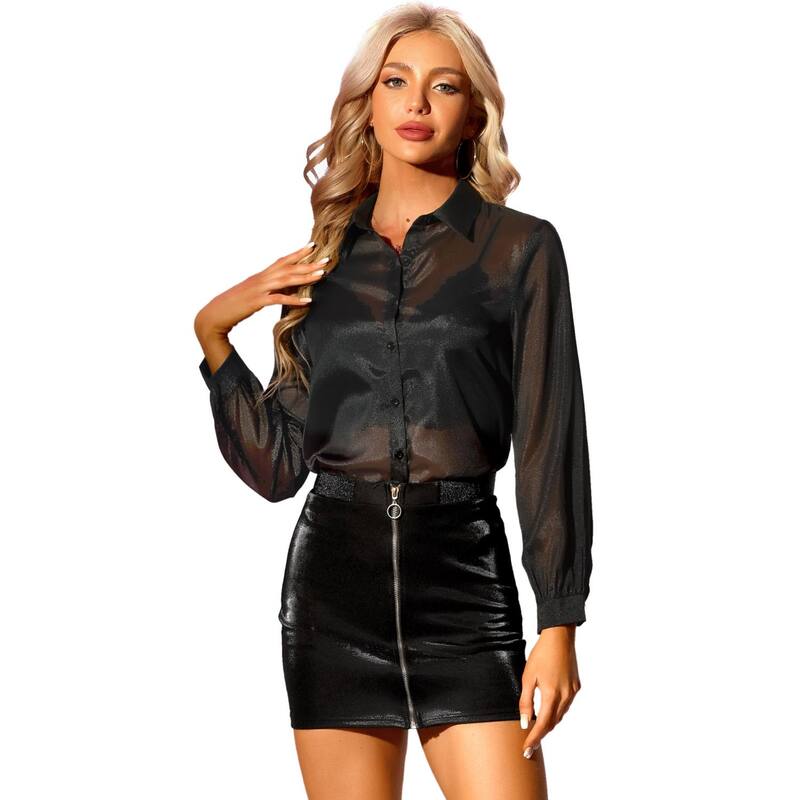 アレグラ ケー レディース トップス シャツ ボタンダウン メッシュ シアー ダウン ALLEGRA K Women's Mesheer Tops Point Collar Long Sleeve Button Down Shirt Black ブラック 8,736円
