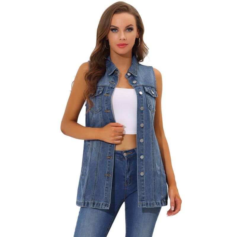 アレグラ ケー レディース アウター ジャケット・ブルゾン ボタンダウン ベスト ノースリーブ ダウン デニム ALLEGRA K Women's Casual Button Down Sleeveless Pockets Mid-long Denim Vest Blue ブルー|ReVida 店
