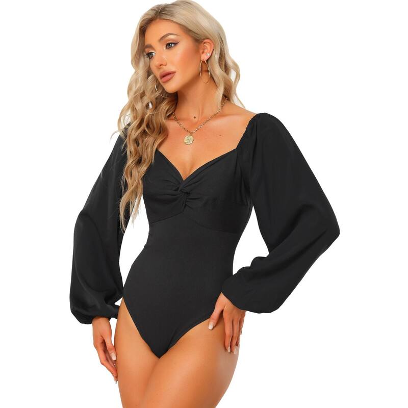 アレグラ ケー レディース トップス シャツ Vネック ボディースーツ ALLEGRA K Womenweetheart Square V Neck Puffy Sleeve Long Sleeve T Shirts Tops Bodysuits Black ブラック