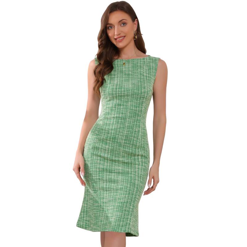 アレグラ ケー レディース トップス ワンピース ツイード ノースリーブ ALLEGRA K Tweedress for Women'summer Sleeveless Elegant Plaid Bodycon Dress Light Green グリーン
