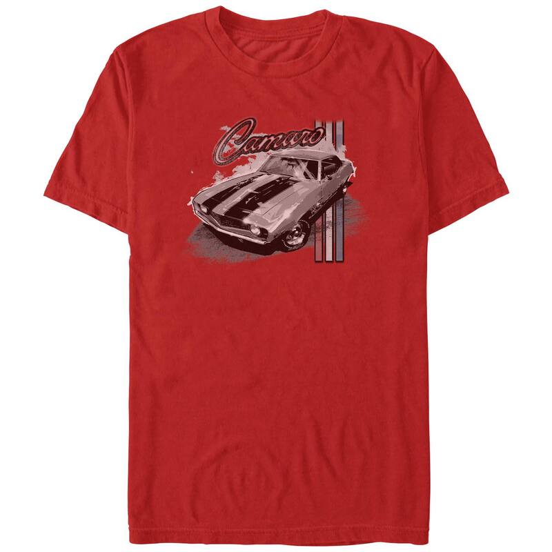 アニメ人となり メンズ トップス ティーシャツ グラフィック Licensed Character Men\u0027s Chevrolet Camaro Stripes Poster Graphic Tee Red 赤いこと Tシャツ・カットソー-メンズファッション