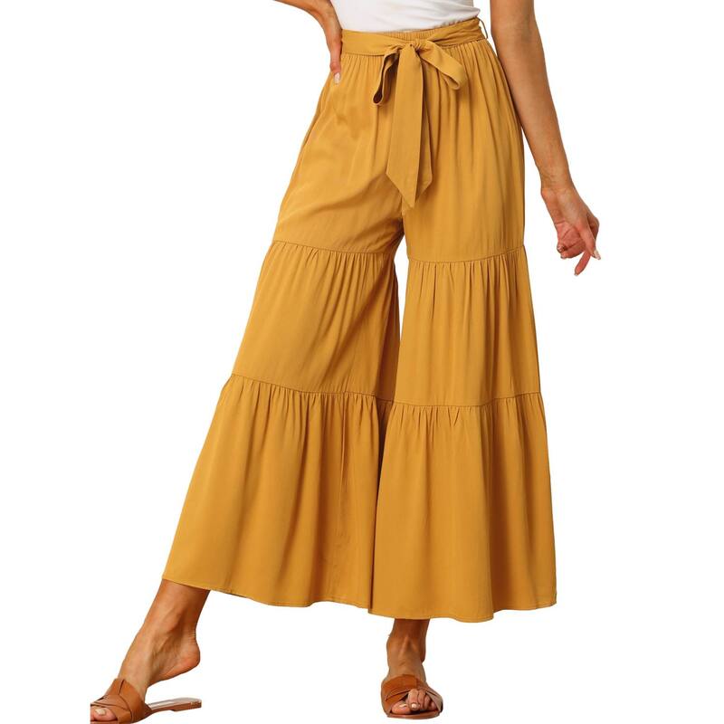 アレグラ ケー レディース ボトムス カジュアルパンツ フリル裾 ワイドレッグ フリル ALLEGRA K Women's Boho Elastic High Waisted Tie Waist Ruffle Hem Wide Leg Palazzo Pants Yellow イエロー｜ReVida 店