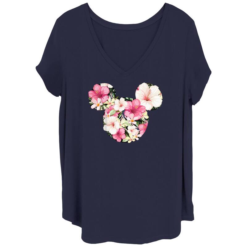 ディズニー レディース トップス Tシャツ フラワー柄 プラスサイズ フラワー グラフィック Disney's Mickey Mouse Tropical Floral Mousears Juniors' Plusize Graphic Tee Navy ネイビー