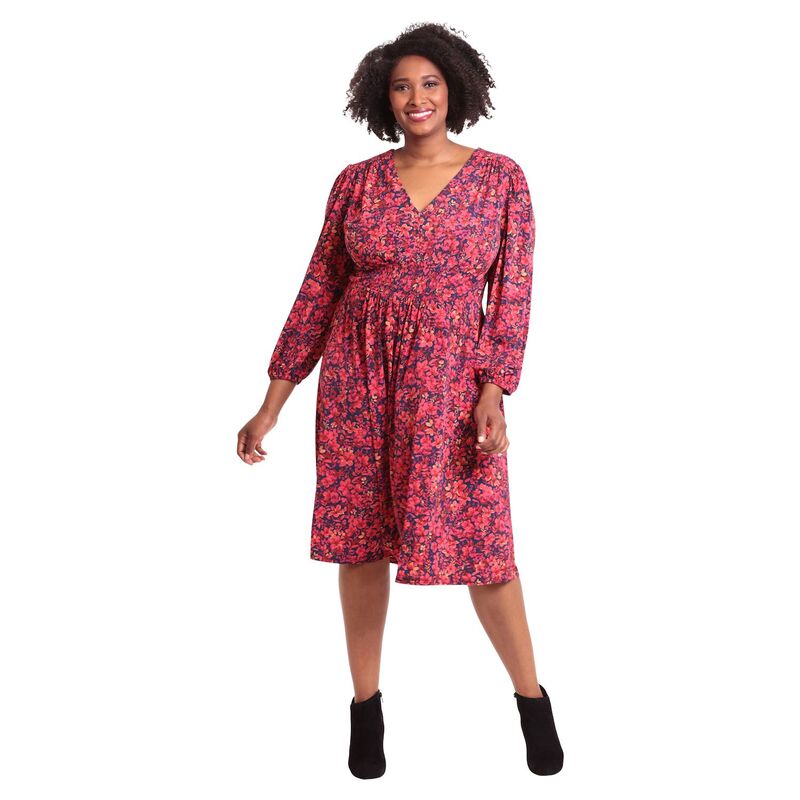 ロンドンタイムス レディース トップス ワンピース Vネック プラスサイズ ミディ シャーリング Plusize London Times V-Neck Smocked Waist Midi Dress Navy Red ネイビー｜ReVida 店