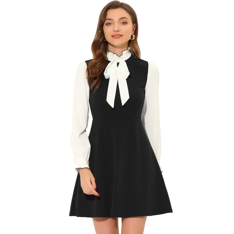 アレグラ ケー レディース トップス ワンピース フリル コントラスト ALLEGRA K Women's Elegant Contrast Ruffle Stand Collar Bow Tie Office Dress Black ブラック|ReVida 店