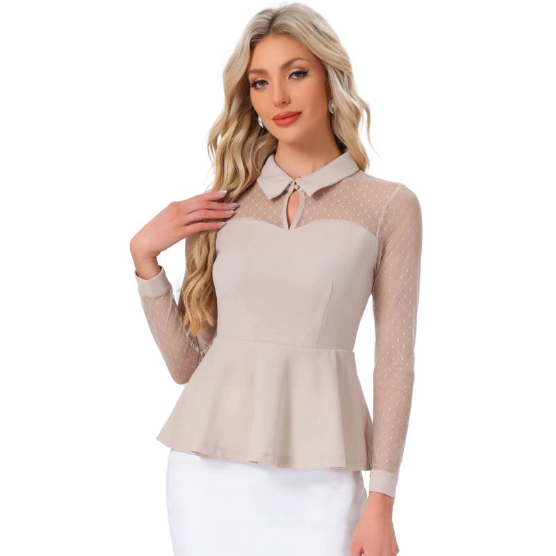アレグラ ケー レディース トップス シャツ メッシュ シアー ダウン ブラウス ALLEGRA K Women's Mesheer Long Sleeve Blouse Turn Down Collar Keyhole Peplum Top Beige ベージュ|ReVida 店