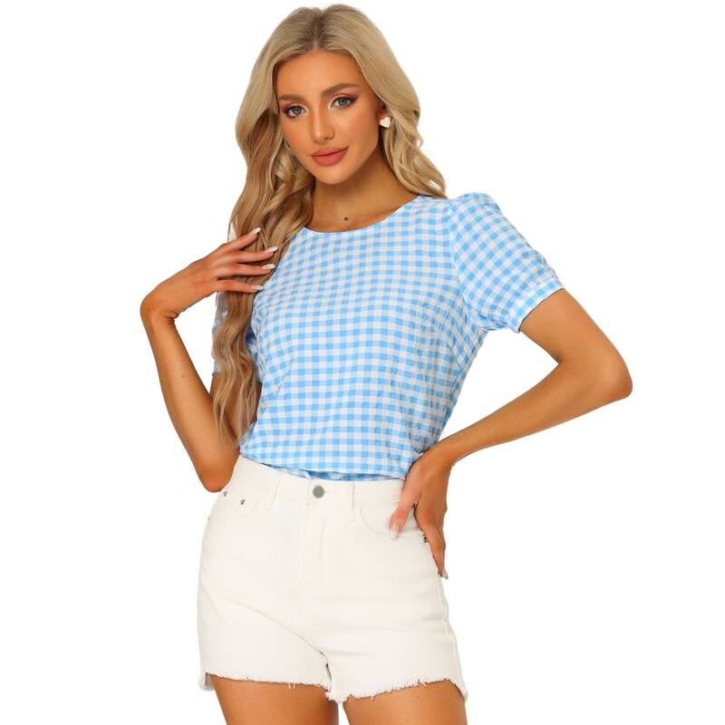 アレグラ ケー レディース トップス シャツ ヴィンテージ クルーネック ギンガムチェック ブラウス ギンガム ALLEGRA K Vintage Blouse For Women's Plaid Crew Neck Short Sleeve Casual Gingham Tops Light Blue ブルー