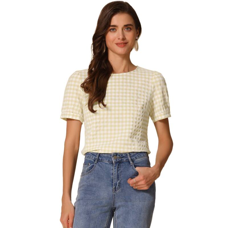 アレグラ ケー レディース トップス シャツ ヴィンテージ クルーネック ギンガムチェック ブラウス ギンガム ALLEGRA K Vintage Blouse For Women's Plaid Crew Neck Short Sleeve Casual Gingham Tops Pale Yellow イエロー