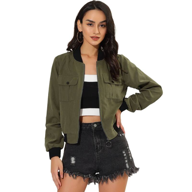 アレグラ ケー レディース アウター ジャケット・ブルゾン ALLEGRA K Women'stand Collar Long Sleeve Zip Up Flapocket Bomber Jacket Olive Green グリーン
