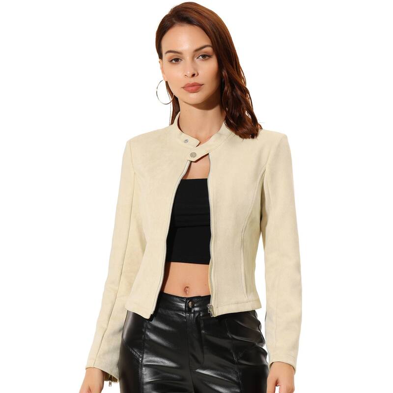 アレグラ ケー レディース アウター ジャケット・ブルゾン スエード クロップド ALLEGRA K Women's Faux Suede Stand Collar Zip up Cropped Motorcycle Jacket Beige ベージュ｜ReVida 店 12,935円