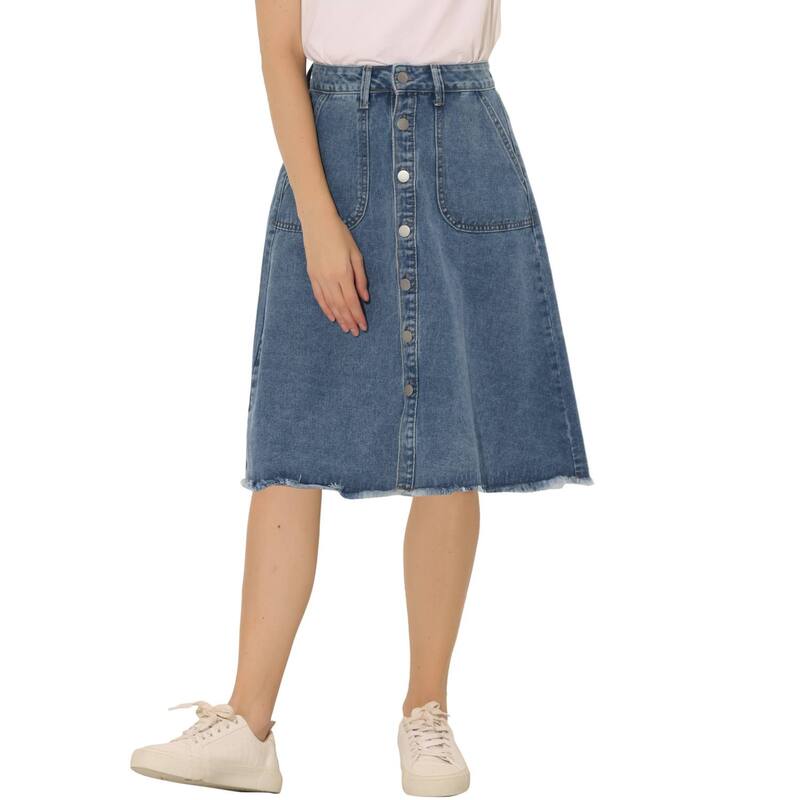 アレグラ ケー レディース ボトムスカート ボタンダウン A ライン ミディ ダウン デニム ジーンズ ALLEGRA K Women's Denim Skirt Raw Hem Button Down A-Line Midi Jeanskirts Gray Blue グレー｜ReVida 店