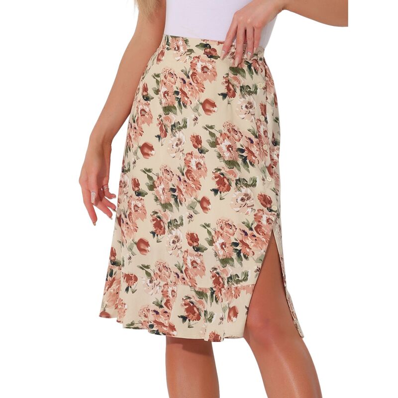 アレグラ ケー レディース ボトムスカート フリル裾 フラワー柄 プリント フリル ミディ フラワー ALLEGRA K Women's Floral Prints Ruffle Hem Elastic Waist Split Midi Skirt Beige ベージュ