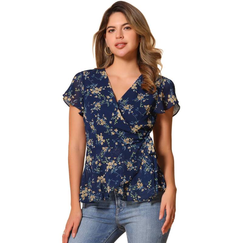 アレグラ ケー レディース トップス シャツ Vネック フラワー柄 プリント ブラウス フラワー ALLEGRA K Wrap Tops for Women's Floral Printed V Neck Slit Sleeve Tie Waist Peplum Blouse Dark Blue ブルー