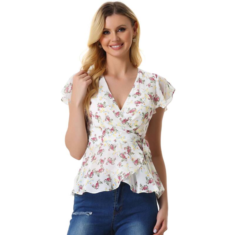 アレグラ ケー レディース トップス シャツ Vネック フラワー柄 プリント ブラウス フラワー ALLEGRA K Wrap Tops for Women's Floral Printed V Neck Slit Sleeve Tie Waist Peplum Blouse White ホワイト|ReVida 店