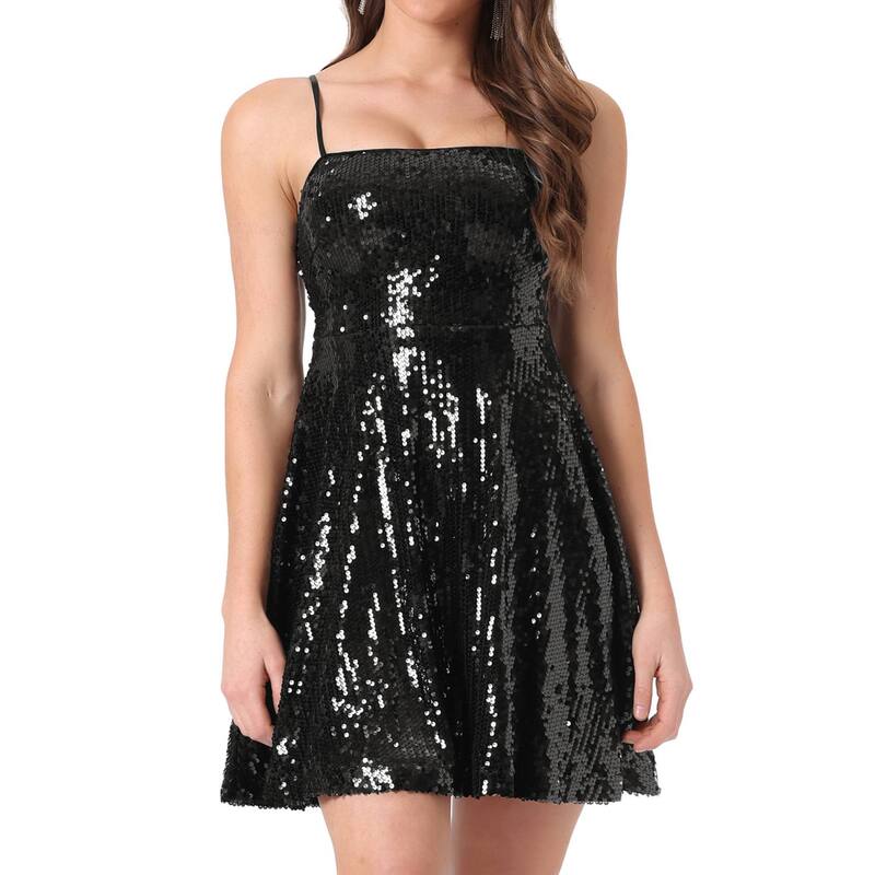 アレグラ ケー レディース トップス ワンピースパンコール ALLEGRA K Women\u0027s Adjustable Spaghetti Straps Party Glitter Sparkle Sequin Dress Blacks