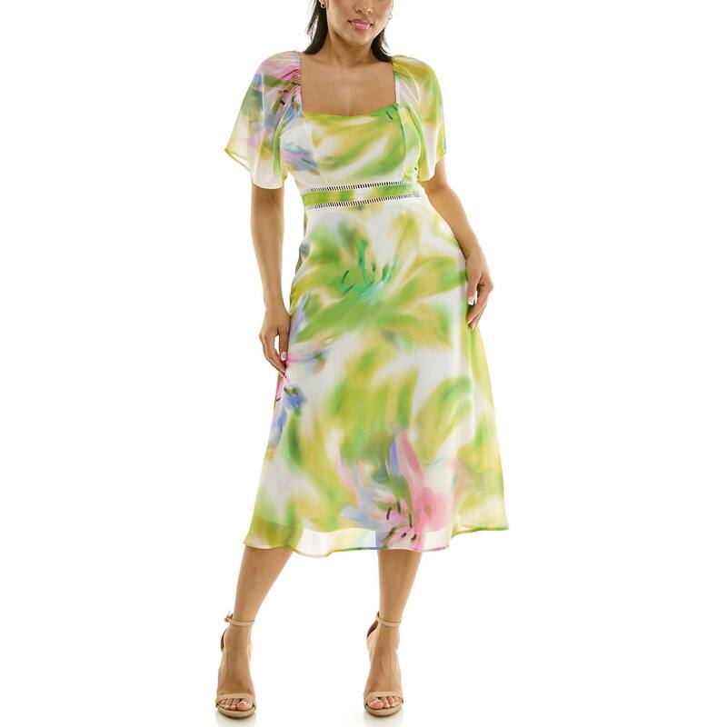 ニナレオナルド レディース トップス ワンピース フラワー柄 フラワー Women Nina Leonard Floral Flutter Sleeve Sweetheart Neck Dress Blue Violet Multi ブルー