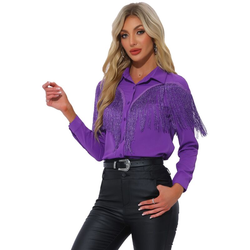 アレグラ ケー レディース トップス シャツ ボタンダウン ブラウス フリンジ ALLEGRA K Women's Fringe Blouse Long Sleeve Button Down Disco Party Shirts Dark Purple パープル|ReVida 店