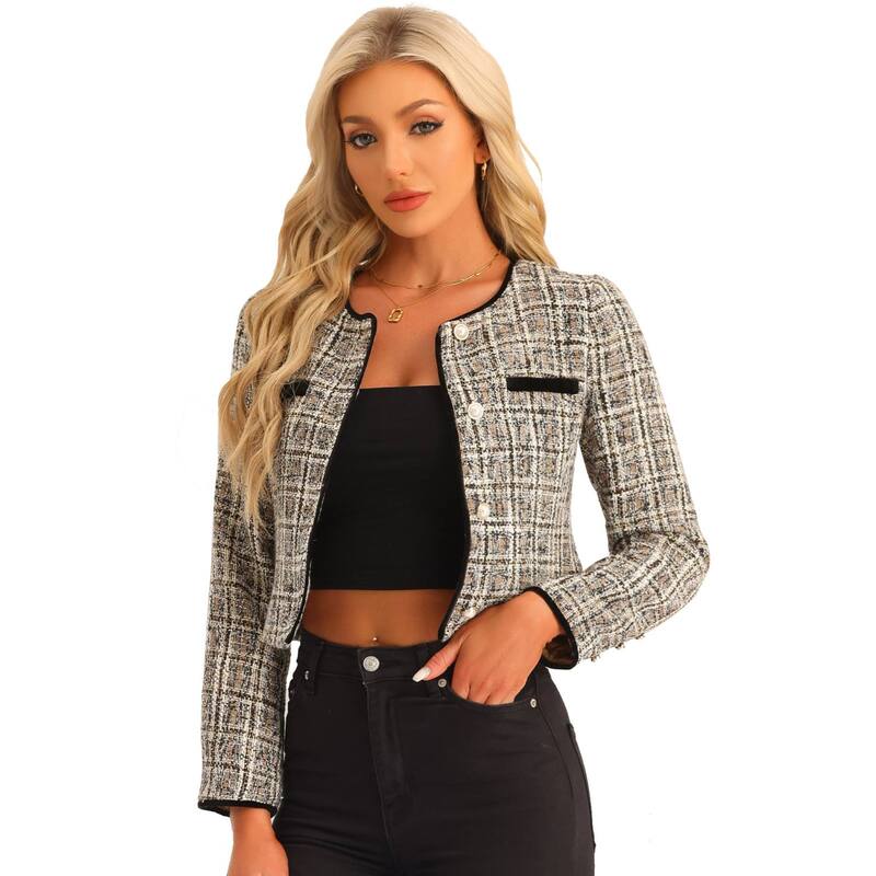 アレグラ ケー レディース アウター ジャケット・ブルゾン ツイード ALLEGRA K Tweed Jacket For Women Casual Round Neck Button Front Closure Long Sleeve Apricot アプリコット
